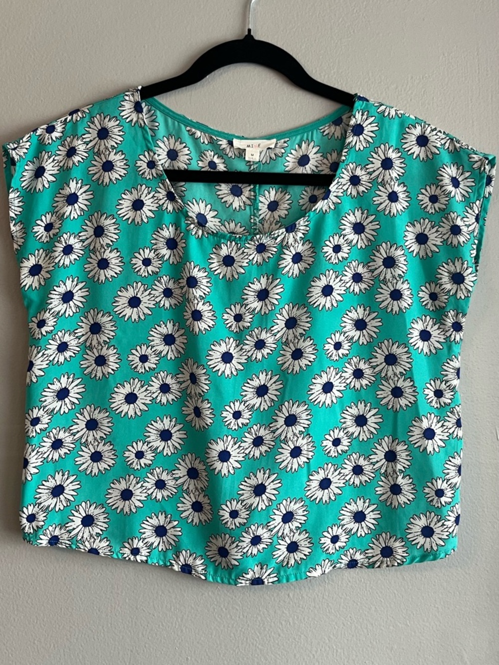 mine Teal Daisy Print Cap Sleeve Blouse with Lower Back Cutout